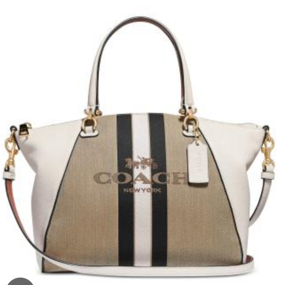 Coach Horse And Carriage Jacquard Prairie Satchel Off-white Navy Blue And Tan